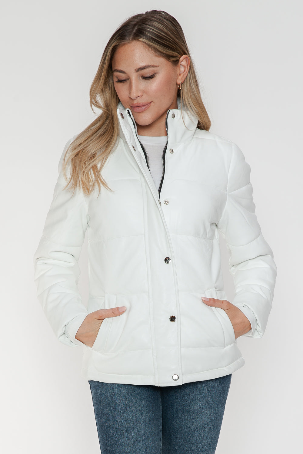 YMI Cozy Perfection Pocketed Zip Up Turtleneck Puffer Jacket in White