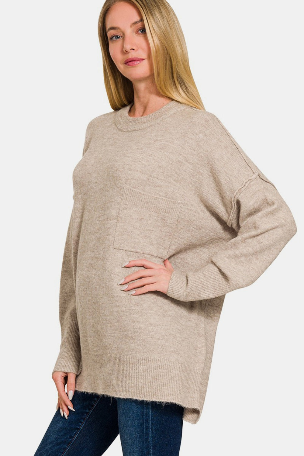 Zenana Everyday Cozy High-Low Hem Drop Shoulder Sweater in H Mocha