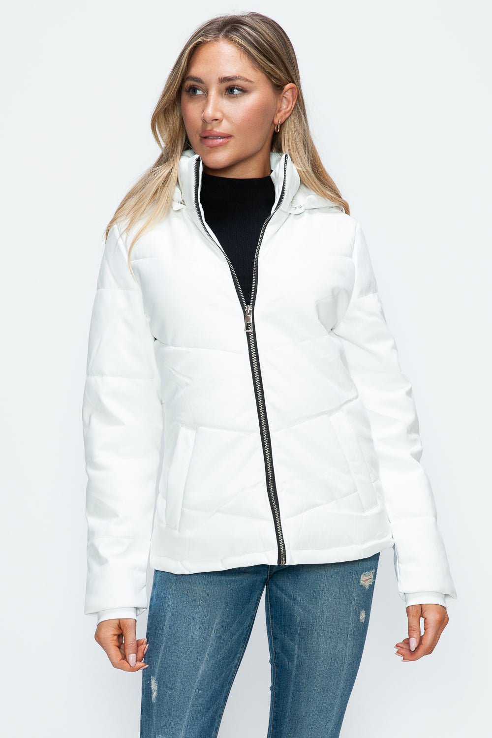 How Dare U Embrace The Chill Pocketed Zip Up Puffer Jacket with Removable Hood in White