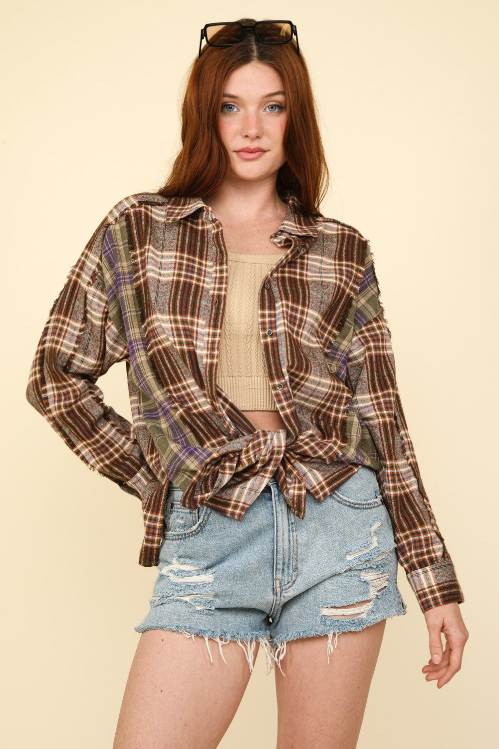 VERY J Falling For Plaid Contrast Plaid Raw Detail Shirt in Mocha
