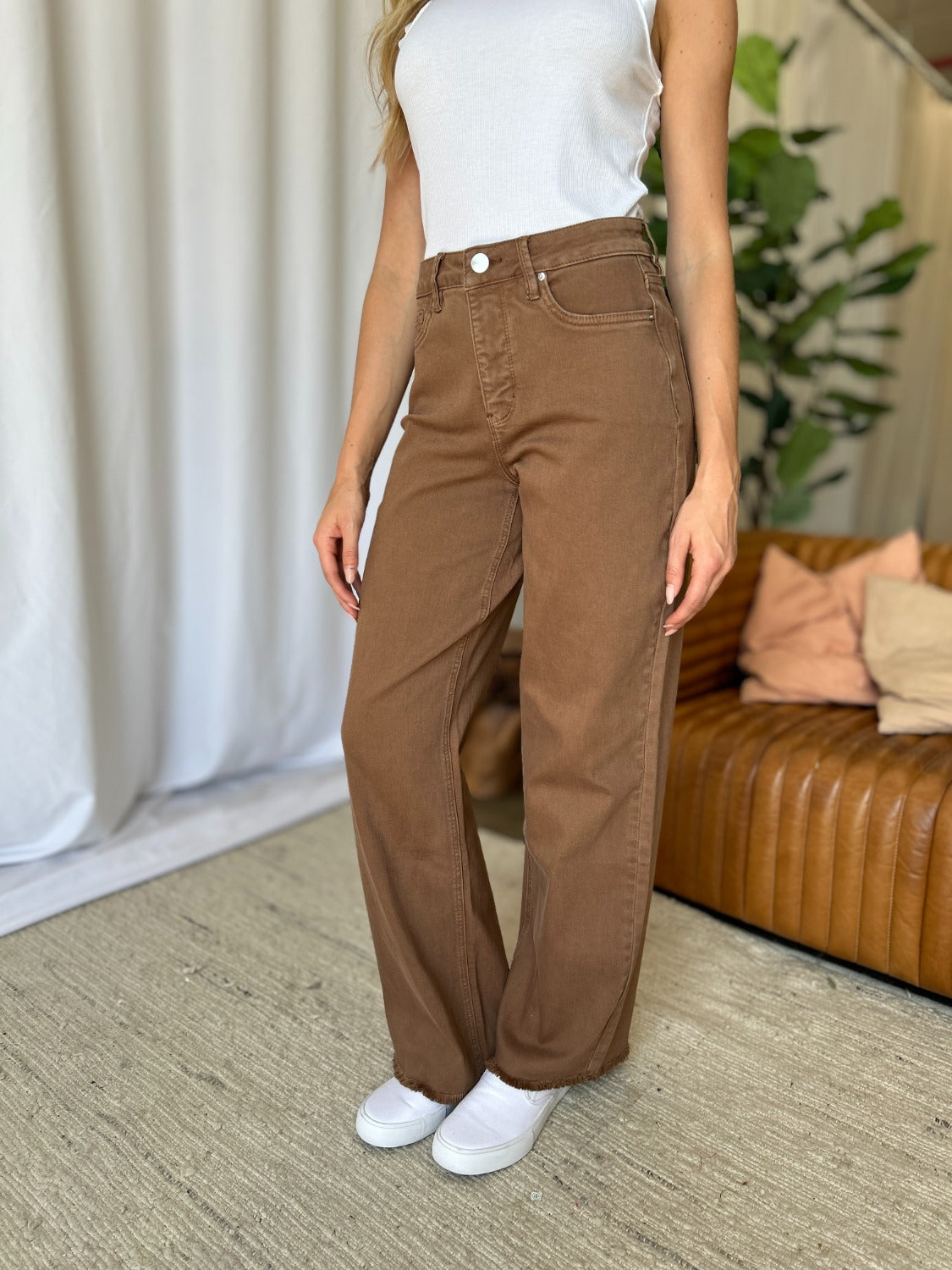 RFM Dawn High Rise Garment Dye Wide Leg Jeans in Coffee