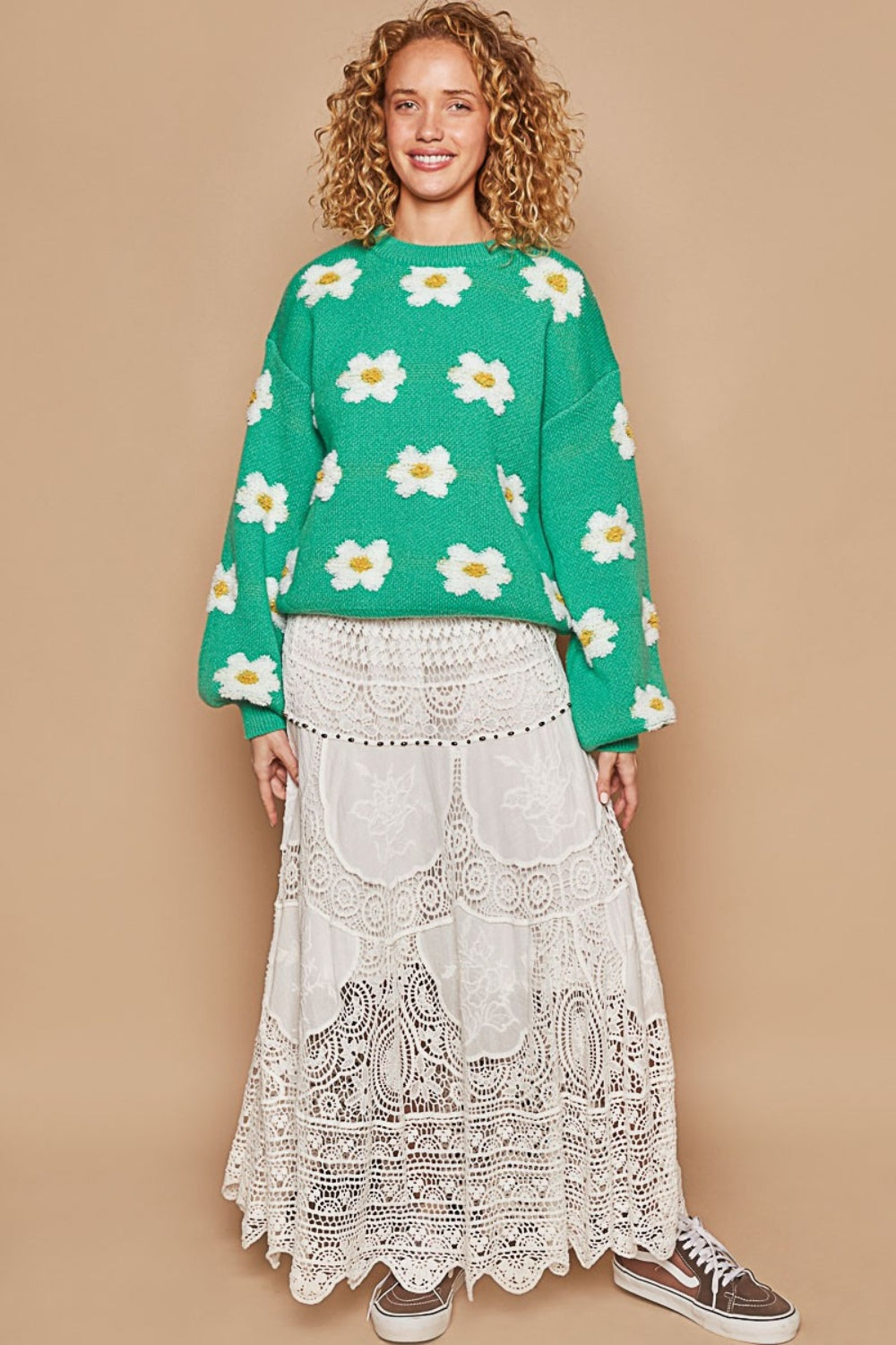 POL Petals Of Perfection Daisy Pattern Drop Shoulder Sweater in Shamrock