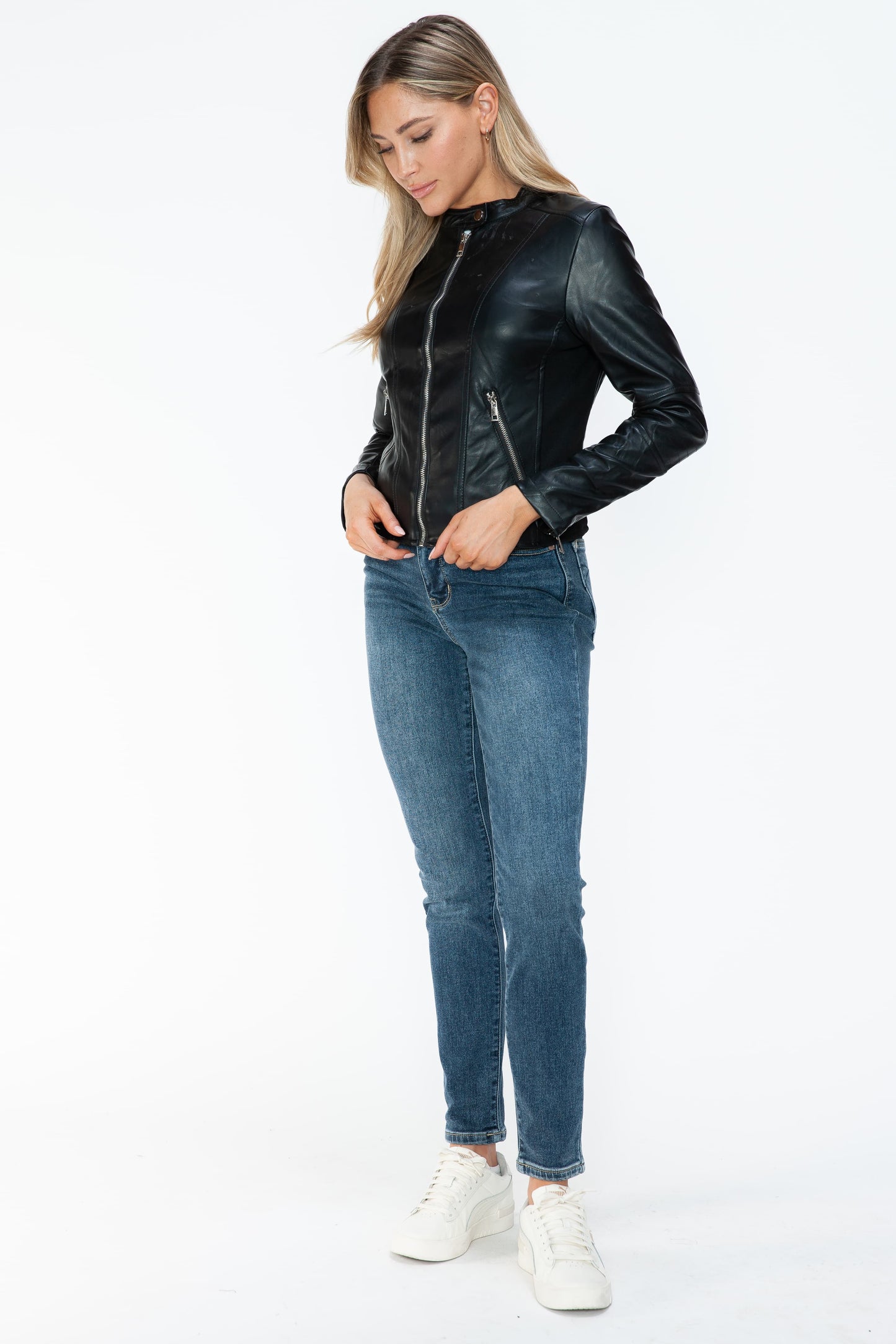 Snobbish Biker Babe PU Leather Zip Up Jacket with Pockets in Black