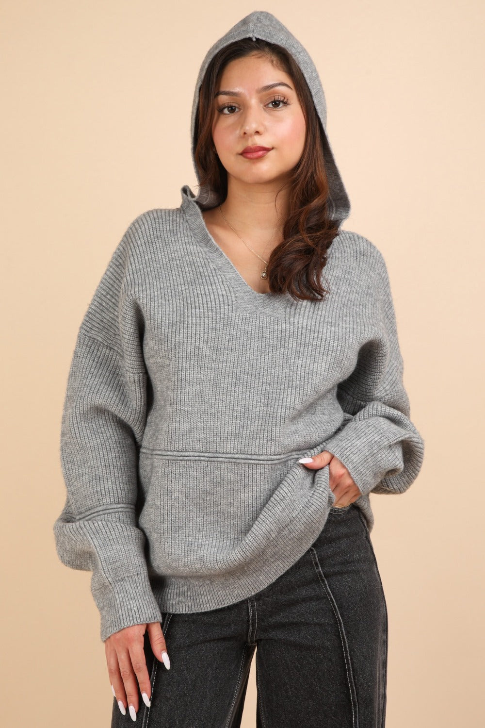 VERY J Keep It Comfy Seam Detail Drop Shoulder Hooded Sweater in Grey