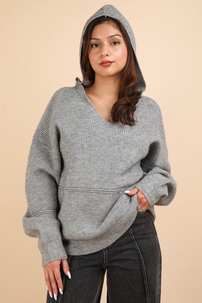 VERY J Keep It Comfy Seam Detail Drop Shoulder Hooded Sweater in Grey