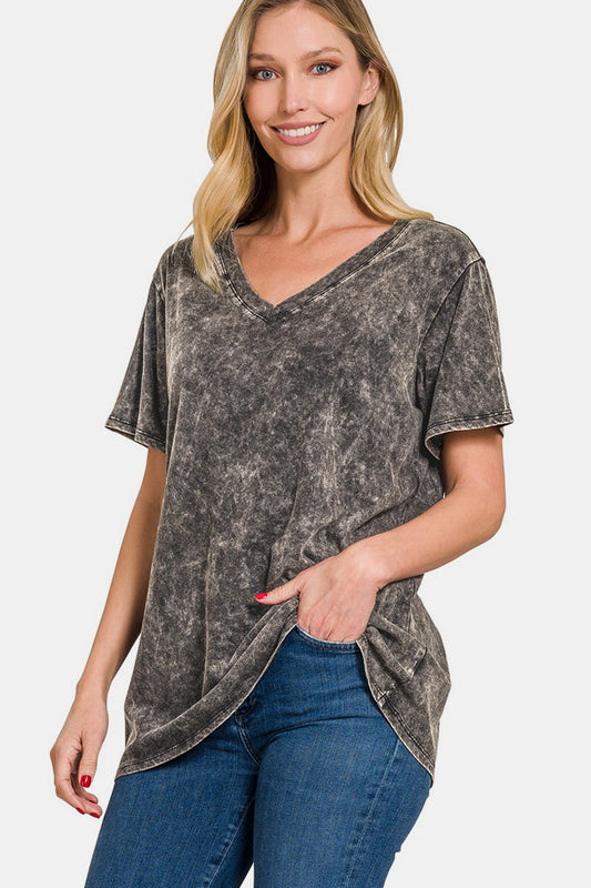 Zenana Cute in Gray Washed Short Sleeve V-Neck T-Shirt in Dark Gray