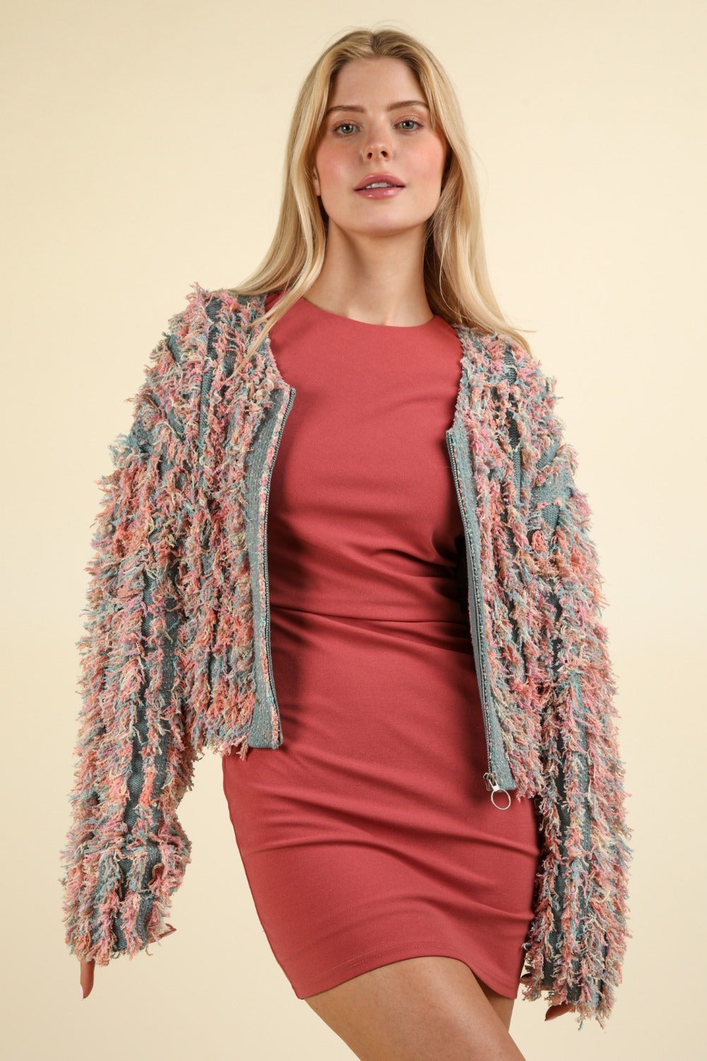 VERY J Feeling Fuzzy and Fabulous Shaggy Yarn Knit Zip Up Jacket in Green Multi