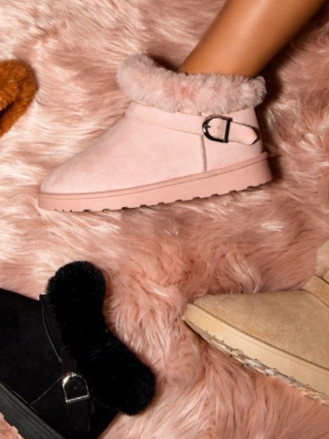 WILD DIVA Faux Fur and Fabulous Faux-Fur Buckle Round Toe Booties in Light Pink