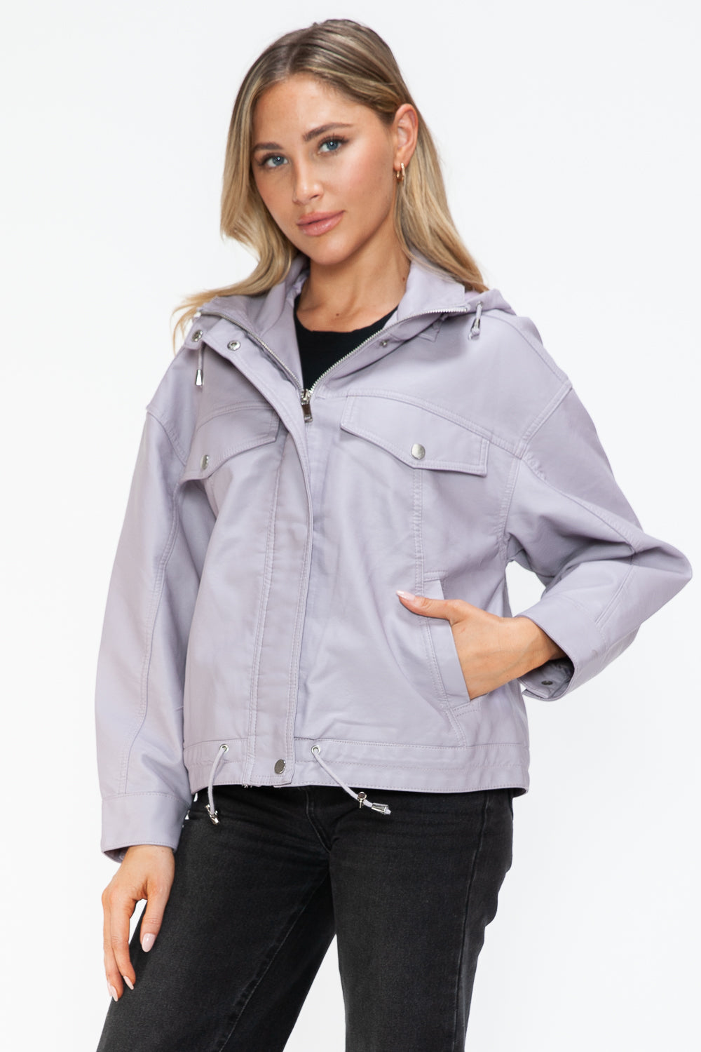 How Dare U My Favorite Layer Drawstring Hem PU Leather Zip Up Jacket in Lilac