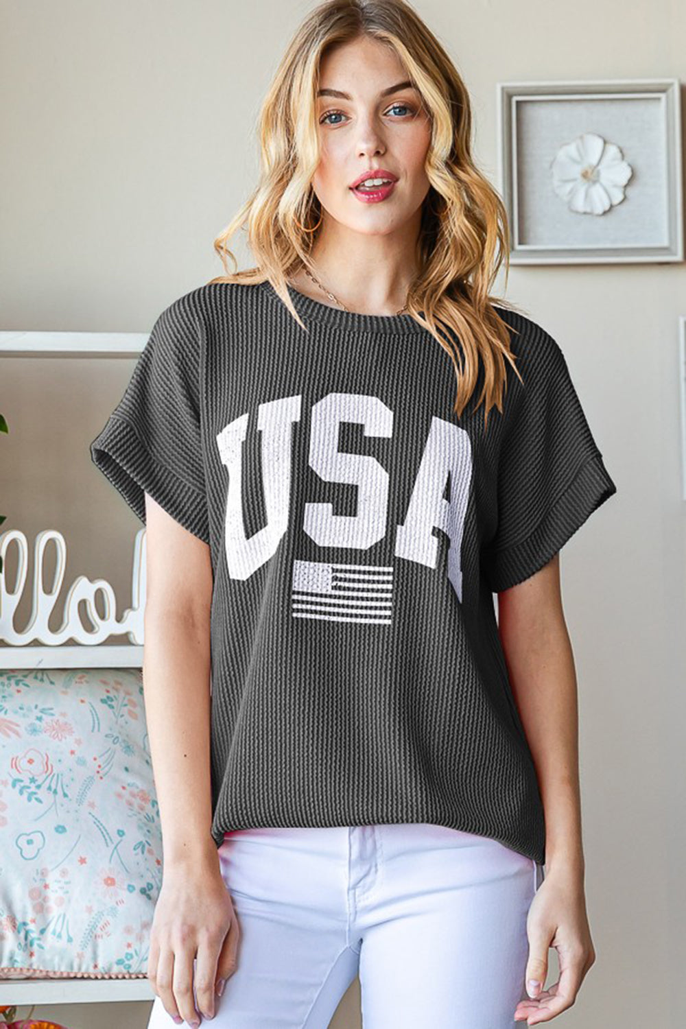 Heimish U S A Graphic Short Sleeve Ribbed Top in Charcoal