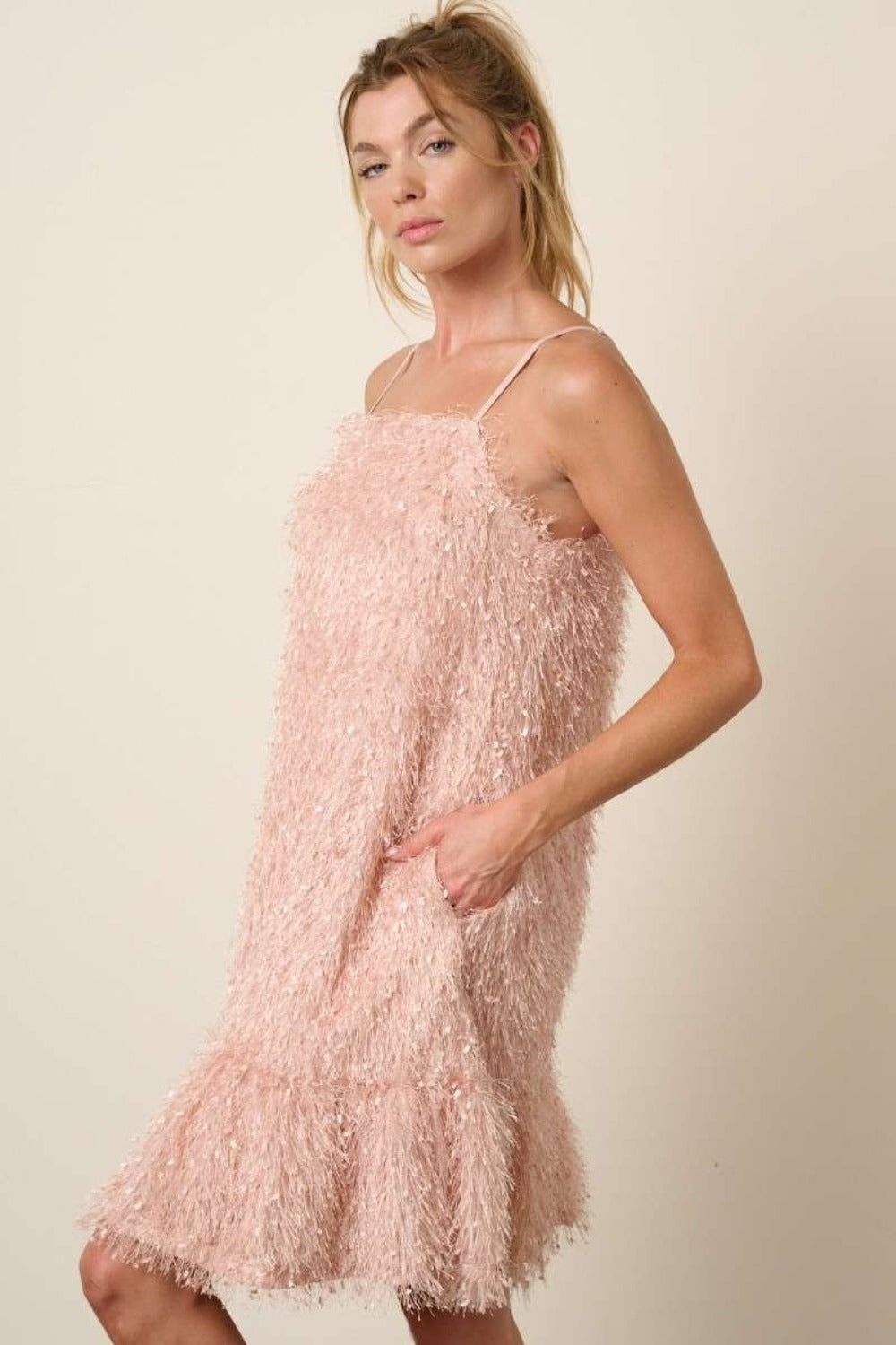 Mittoshop Feathers Don't Ruffle Feather Ruffle Hem Mini Cami Dress in Blush