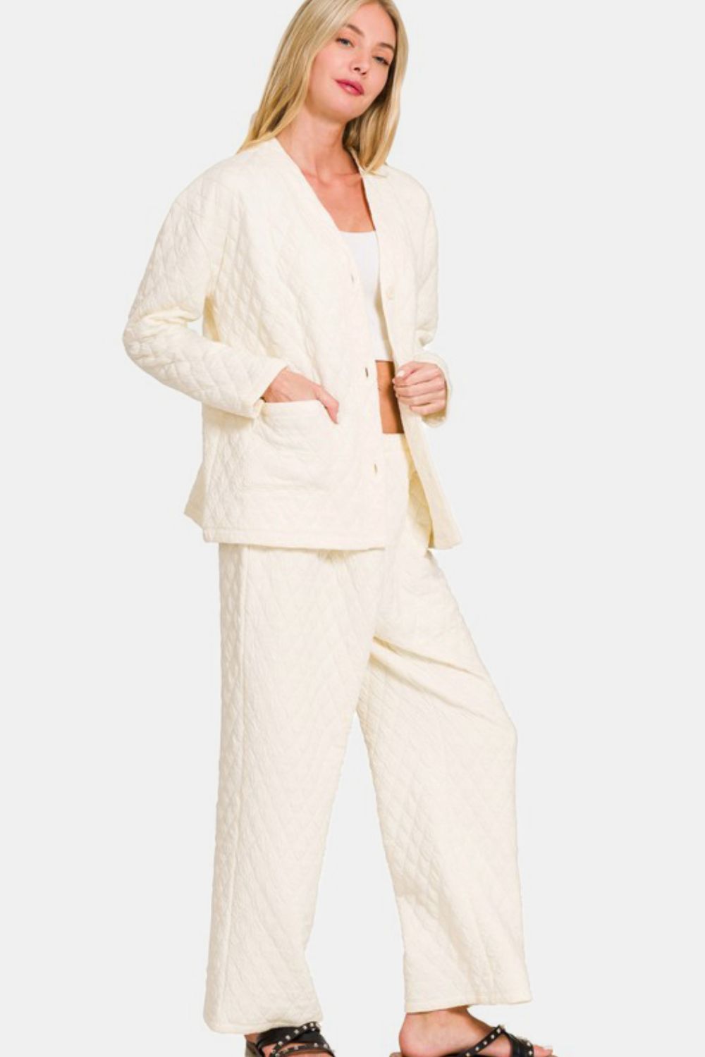 Zenana Quilted Comfort Button Up Long Sleeve Top and Pants Lounge Set in Beige