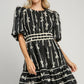 Umgee When Life Gives You Ribbons Print Frill Contrast Velvet Trim Half Sleeve Dress in Black