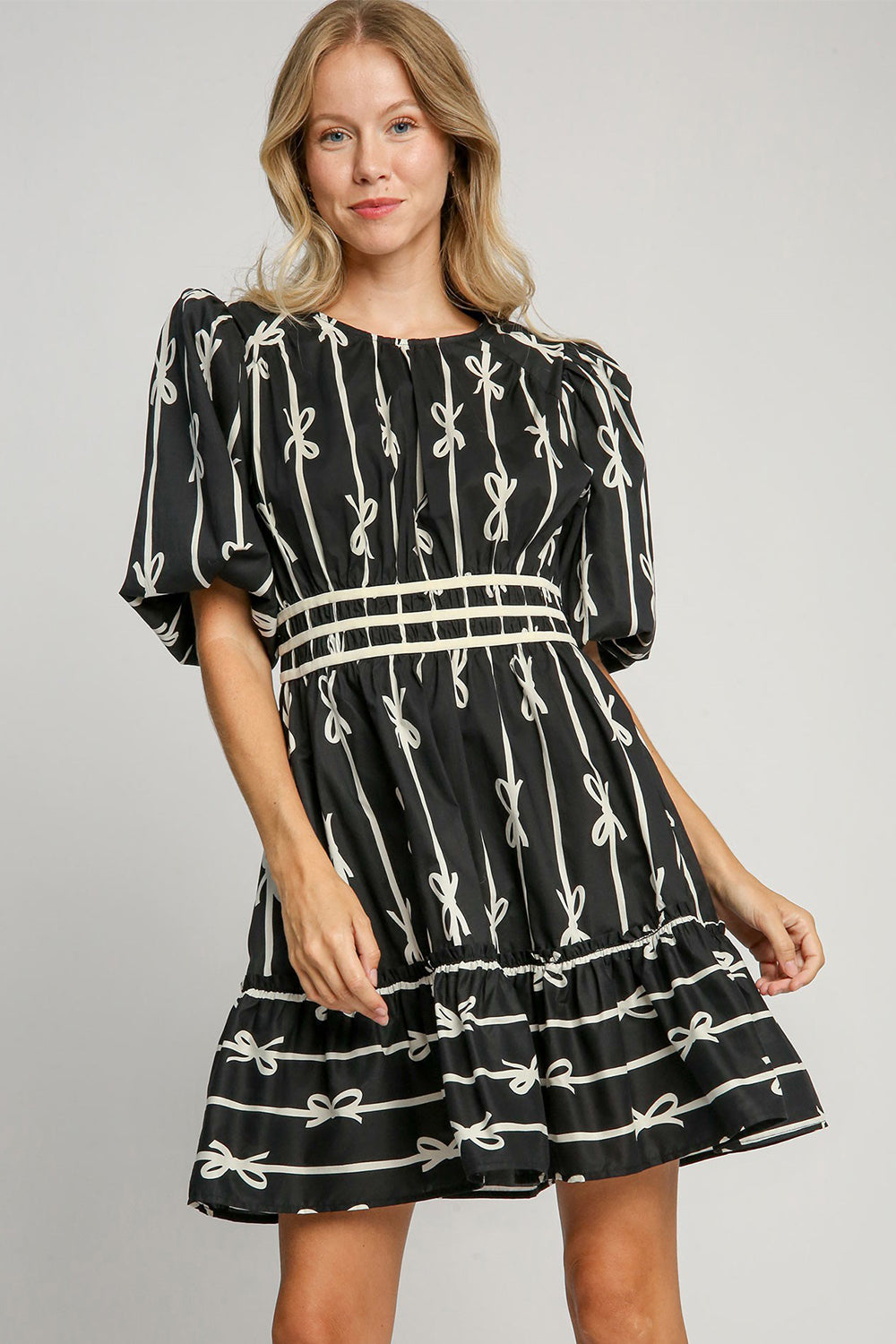 Umgee When Life Gives You Ribbons Print Frill Contrast Velvet Trim Half Sleeve Dress in Black