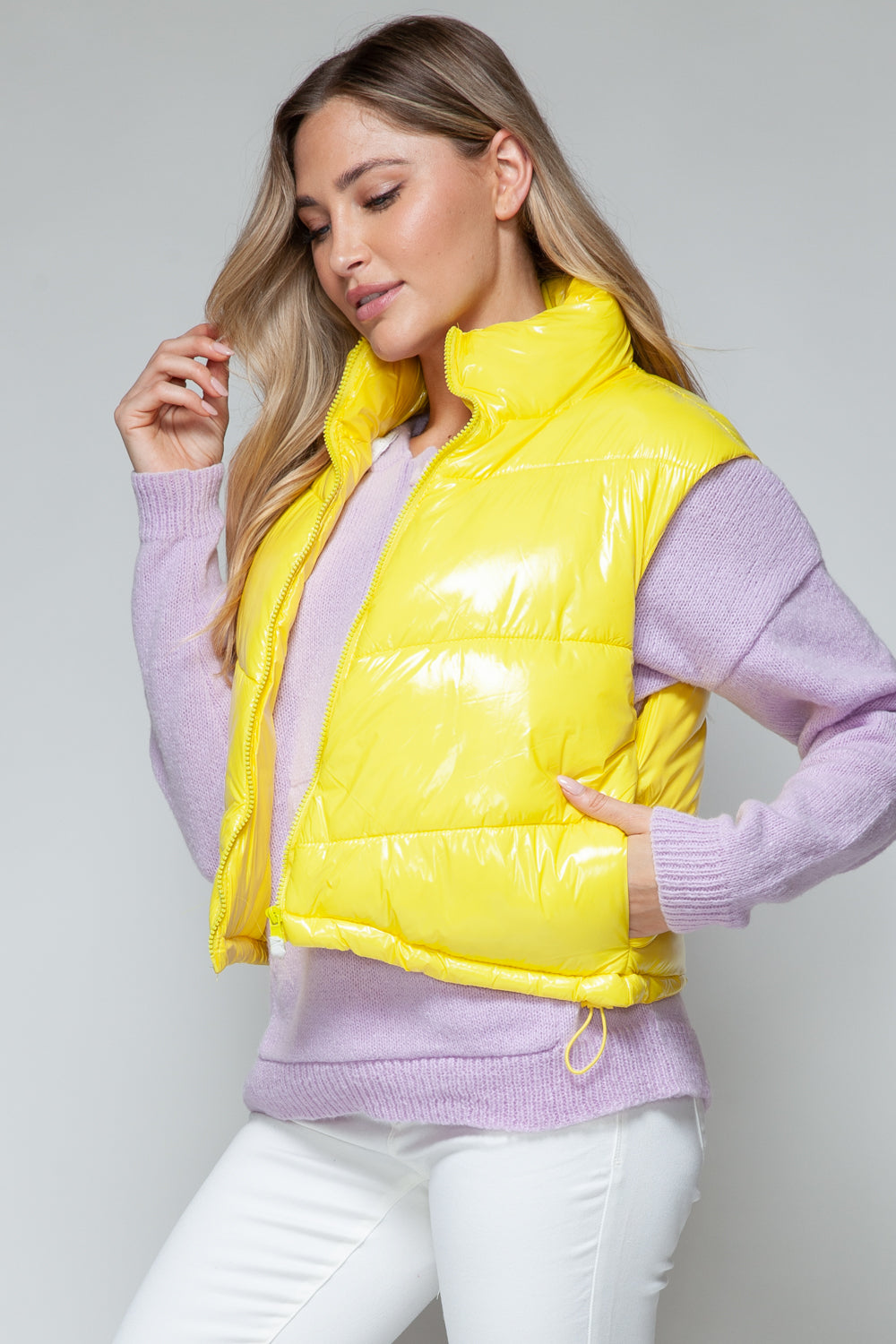 Snobbish A Quilted Touch Zip Up Turtleneck Shiny Quilted Vest in Yellow