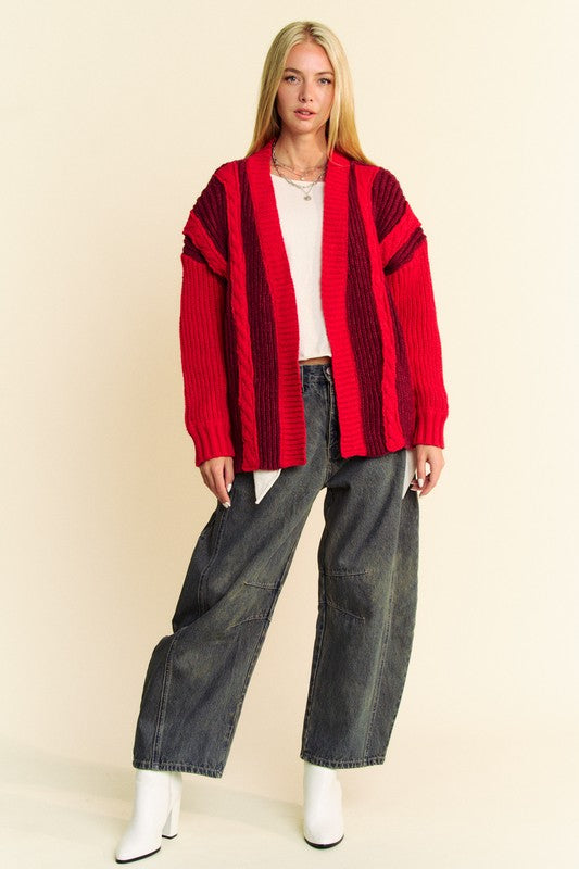 Davi & Dani Festive and Cozy Cable-Knit Color Block Open Front Cardigan