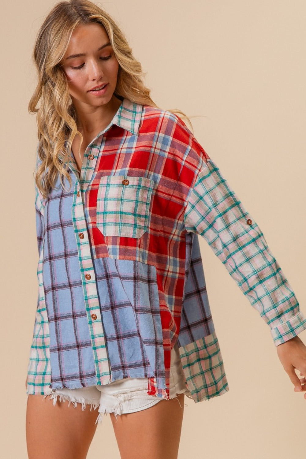 BiBi By The River Color Block Plaid Button Down Shirt