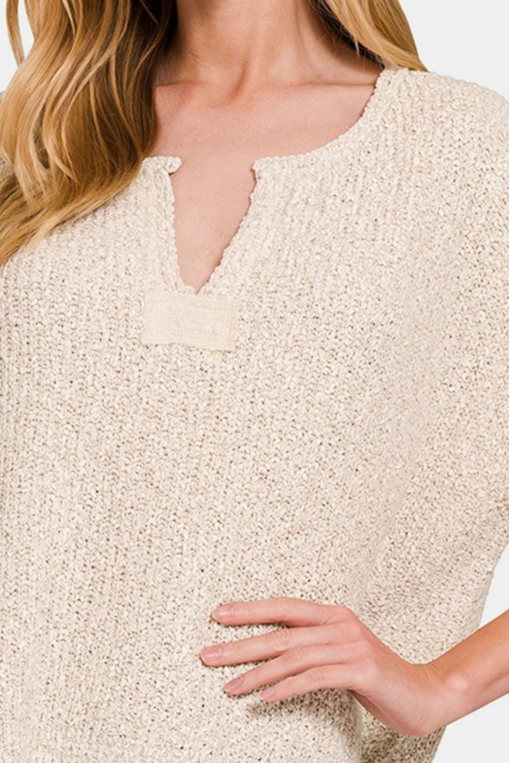 Zenana A Timeless Reality Short Sleeve Side Slit Sweater in Sand Beige