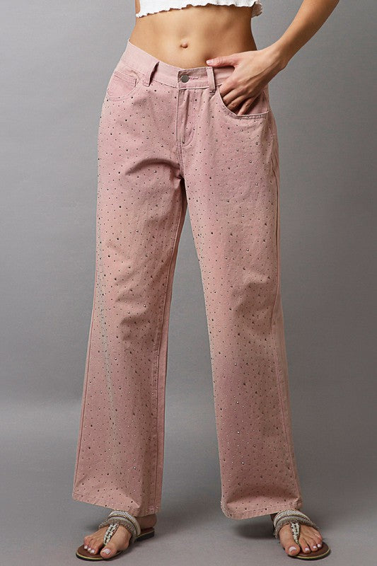 POL Autumn Embellishments Gradient Wide Leg Pants in Dusty Pink