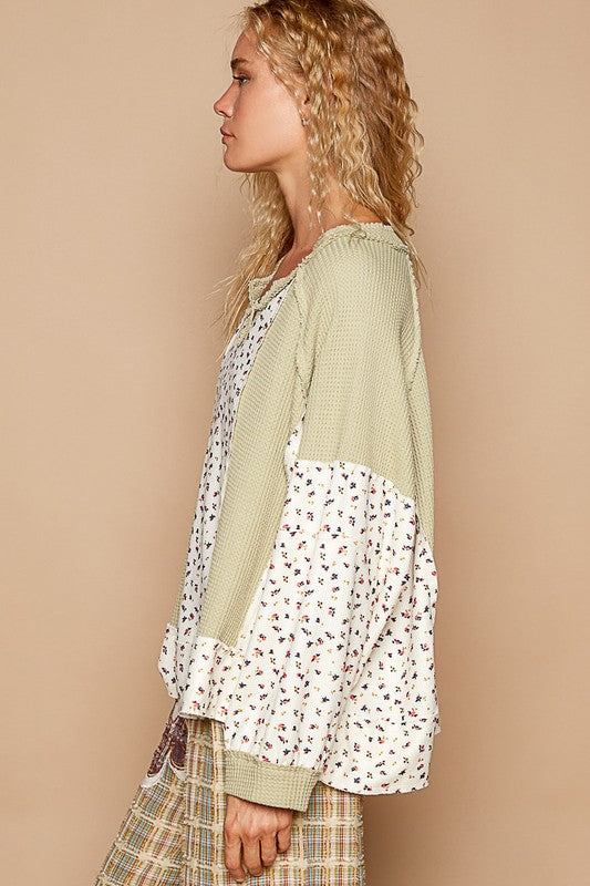 POL A Touch of Sunshine Waffle Knit Floral Notched Neck Long Sleeve Top in Sage