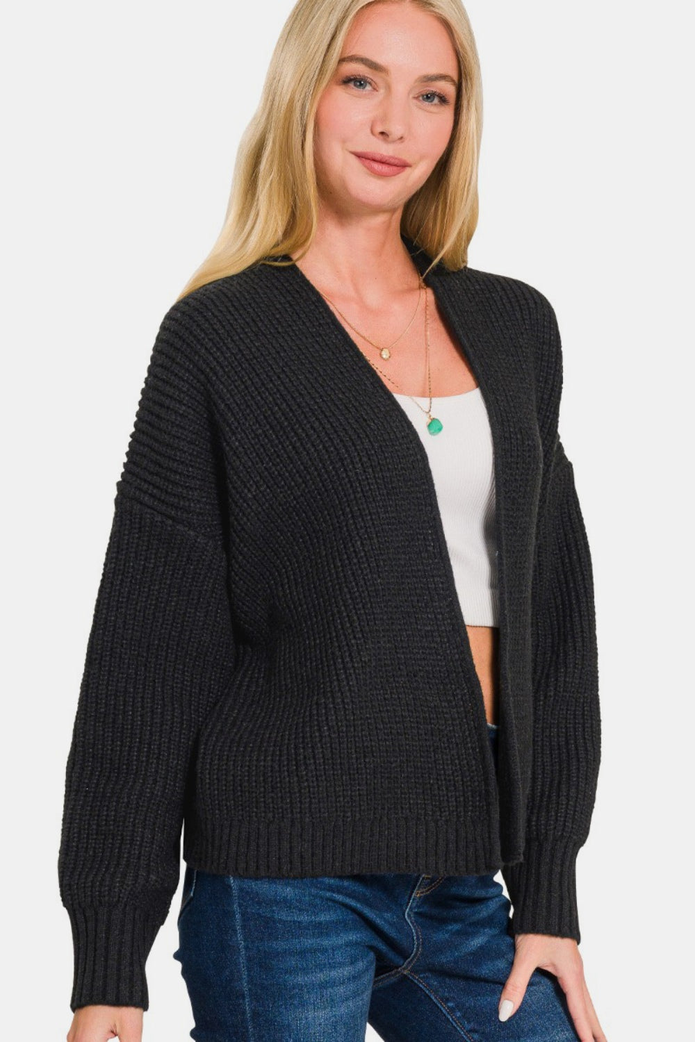 Zenana Falling For You Open Front Drop Shoulder Sweater Cardigan