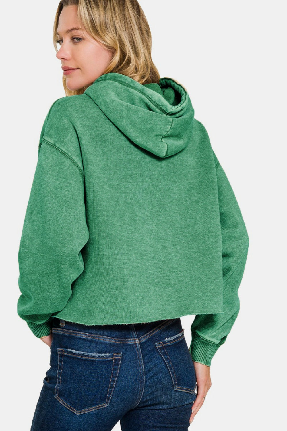 Zenana My Happy Place Acid Wash Fleece Cropped Hoodie in Forest