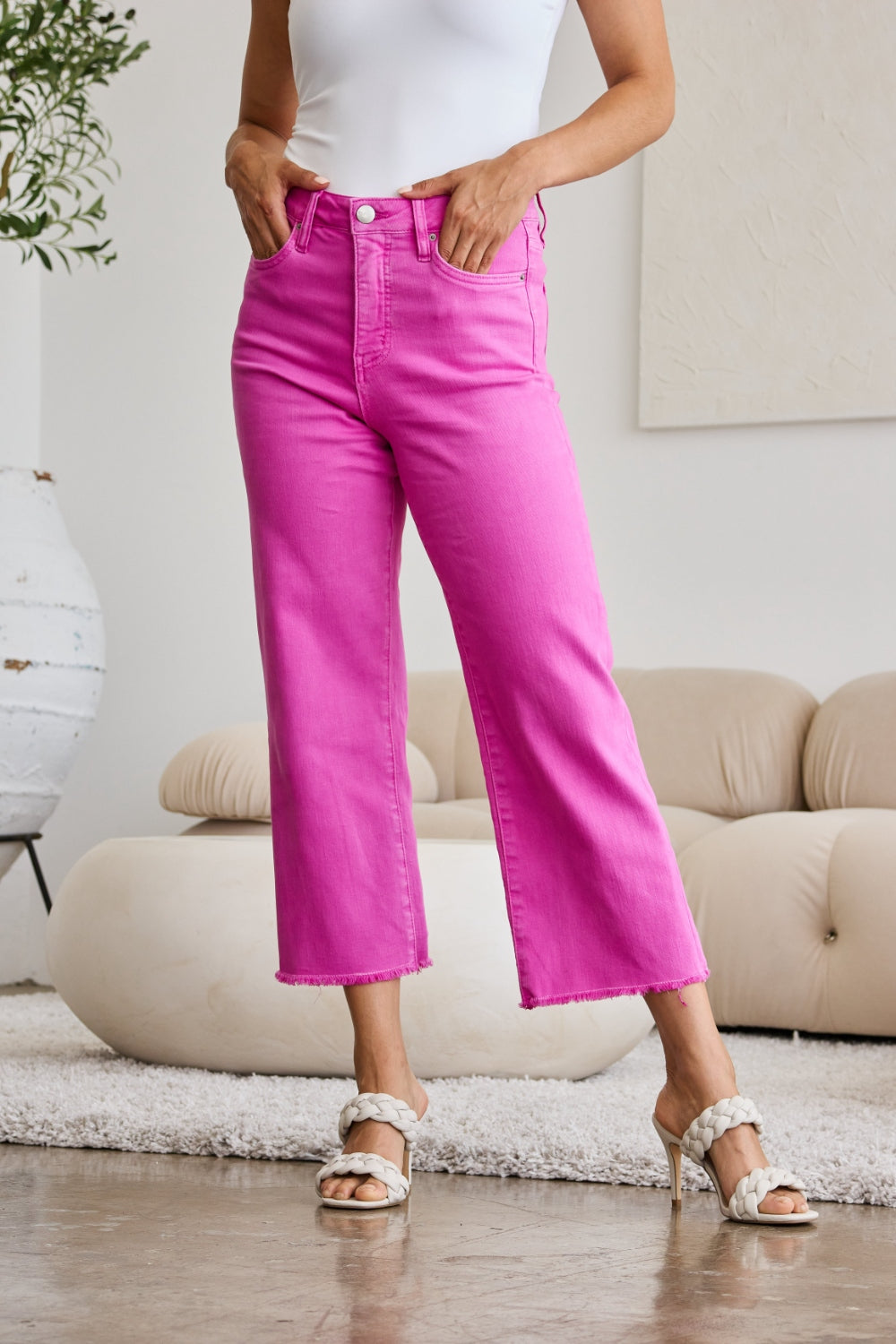 RFM Chloe Tummy Control High Waist Raw Hem Crop Jeans in Pink Rouge