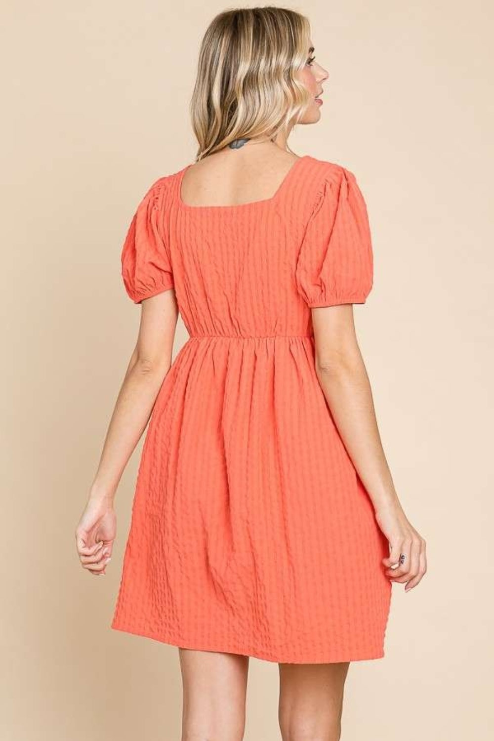 Culture Code Sugar Coral Skies Textured Square Neck Short Sleeve Dress