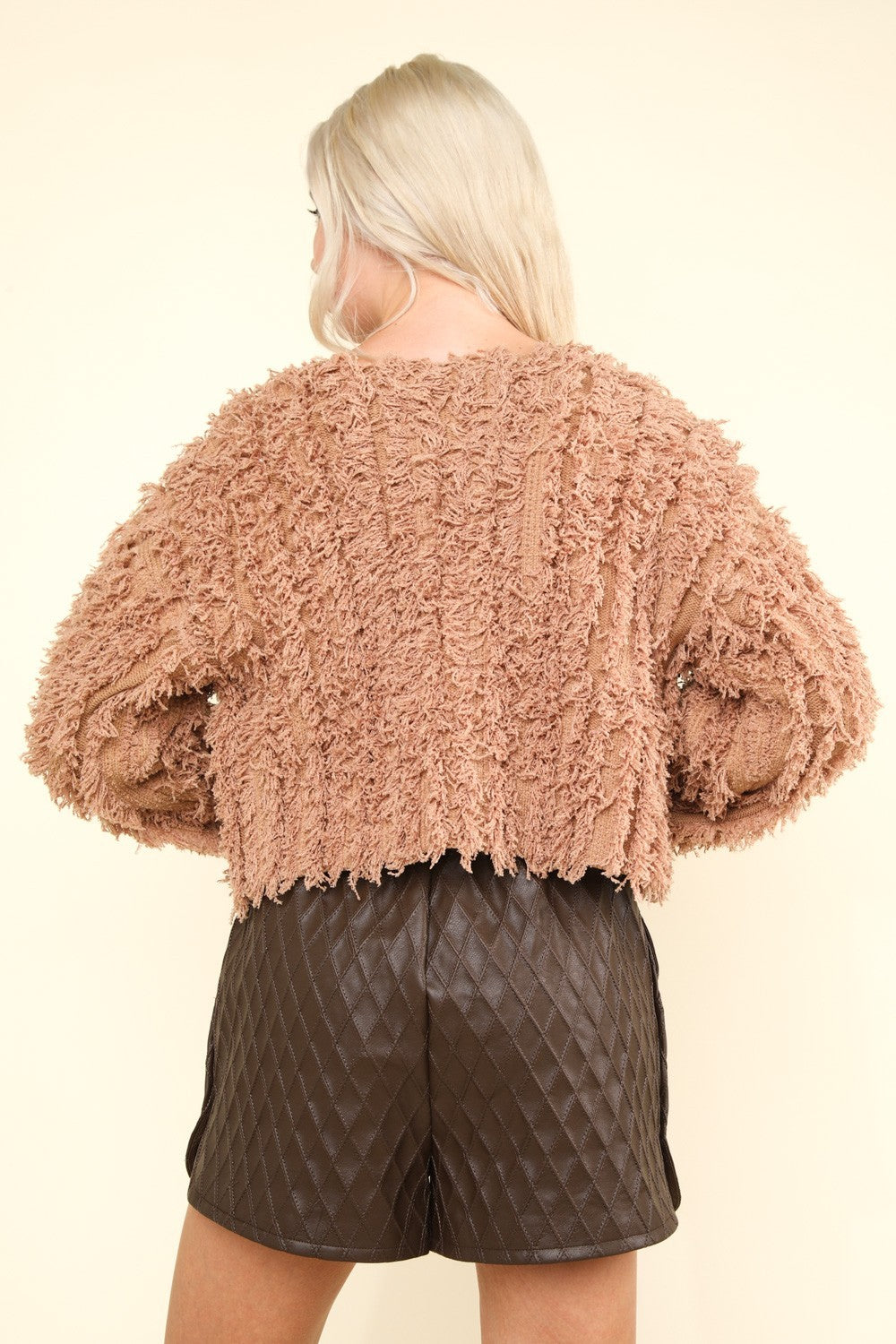 VERY J Feeling Fuzzy and Fabulous Shaggy Yarn Knit Zip Up Jacket in Mocha