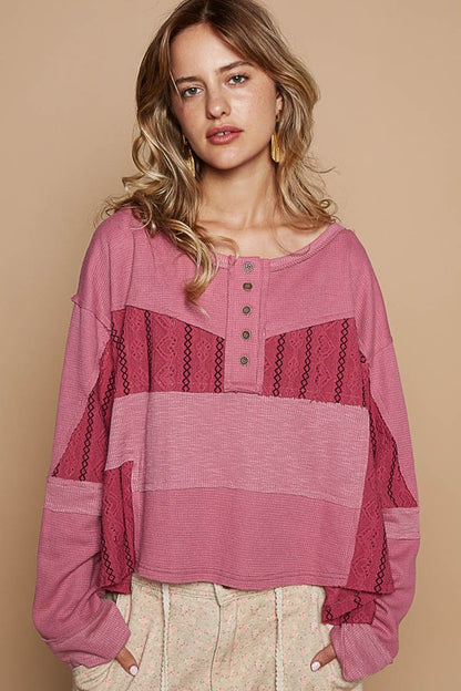 POL Block Party Half Button Color Block Drop Shoulder Knit Top in Cerise