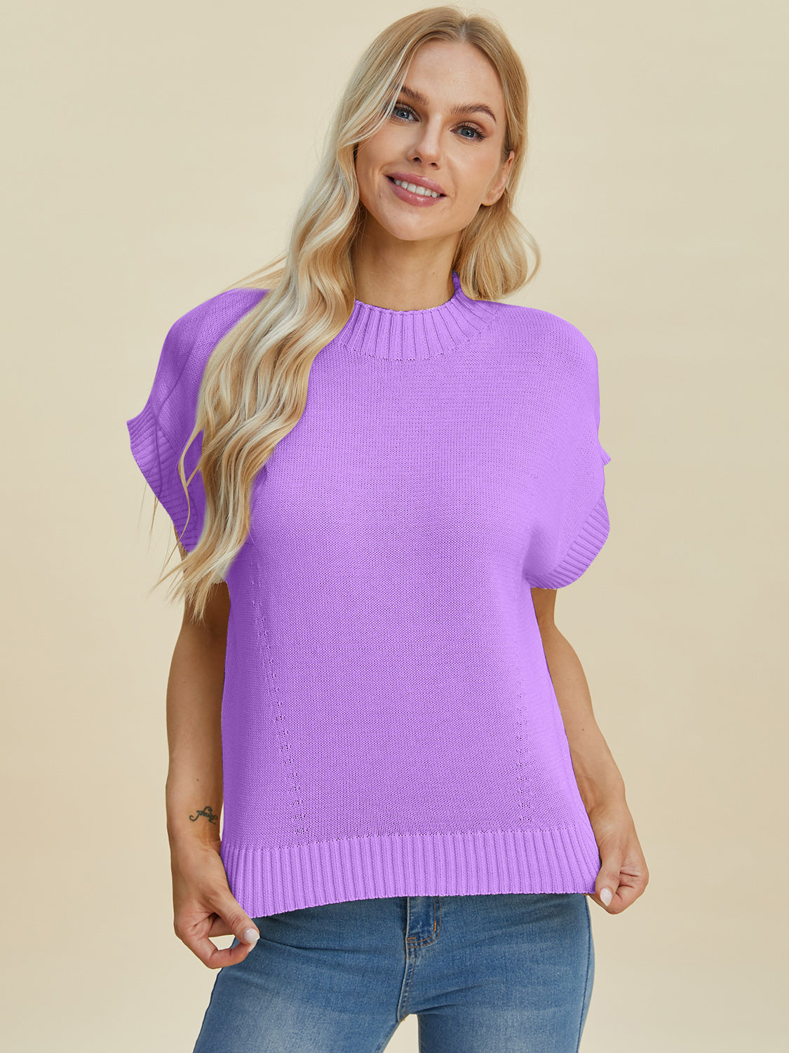Double Take Lovely Day Mock Neck Short Sleeve Sweater
