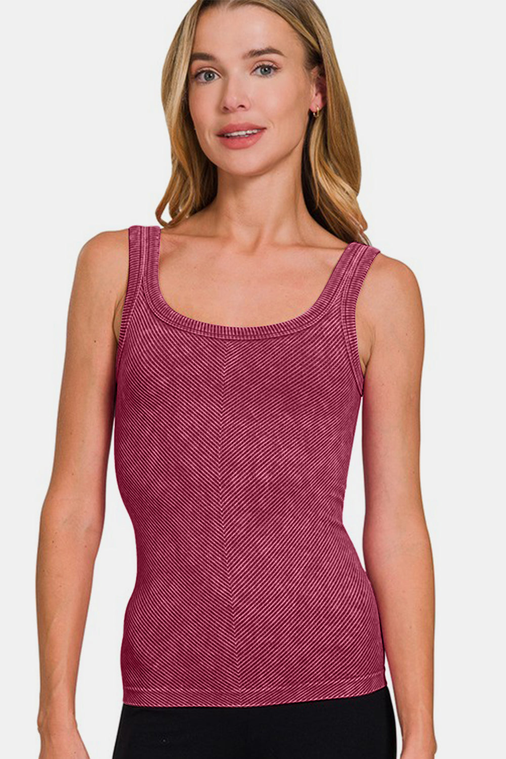 Zenana Chance Of Sun Ribbed Scoop Neck Tank in Burgundy