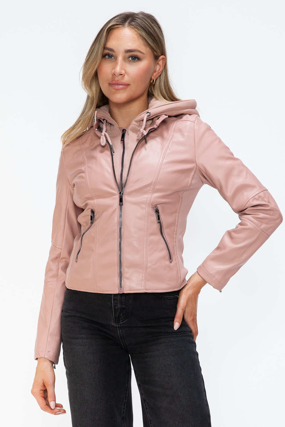 Snobbish Embrace The Day Faux Leather Zip Up Drawstring Hooded Jacket in Mauve