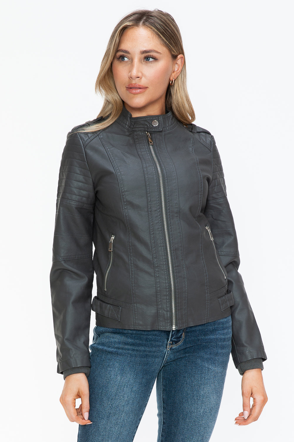 Snobbish Born To Ride PU Leather Biker Jacket with Side Zip Pockets in Charcoal