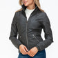 YMI Fuzzy Feels Faux Layered Double-Zipper Jacket with Fuzzy Hood in Charcoal