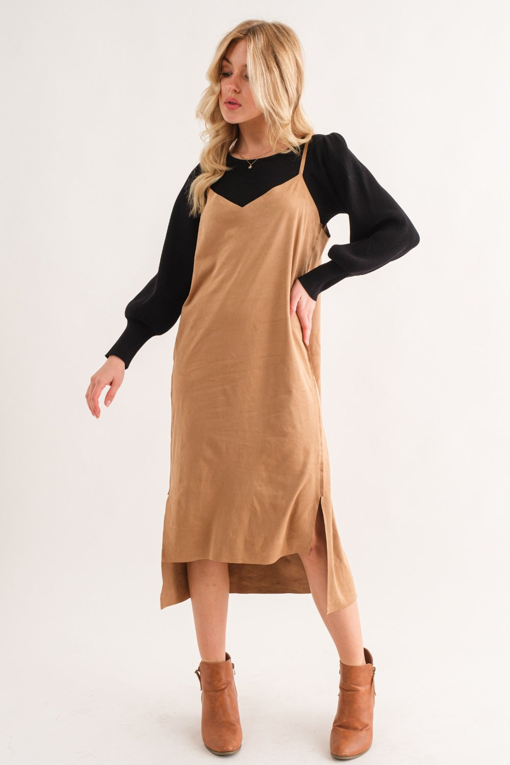 And The Why Comfort Meets Glam Faux Suede Cut Edge Slit Cami Midi Dress in Khaki