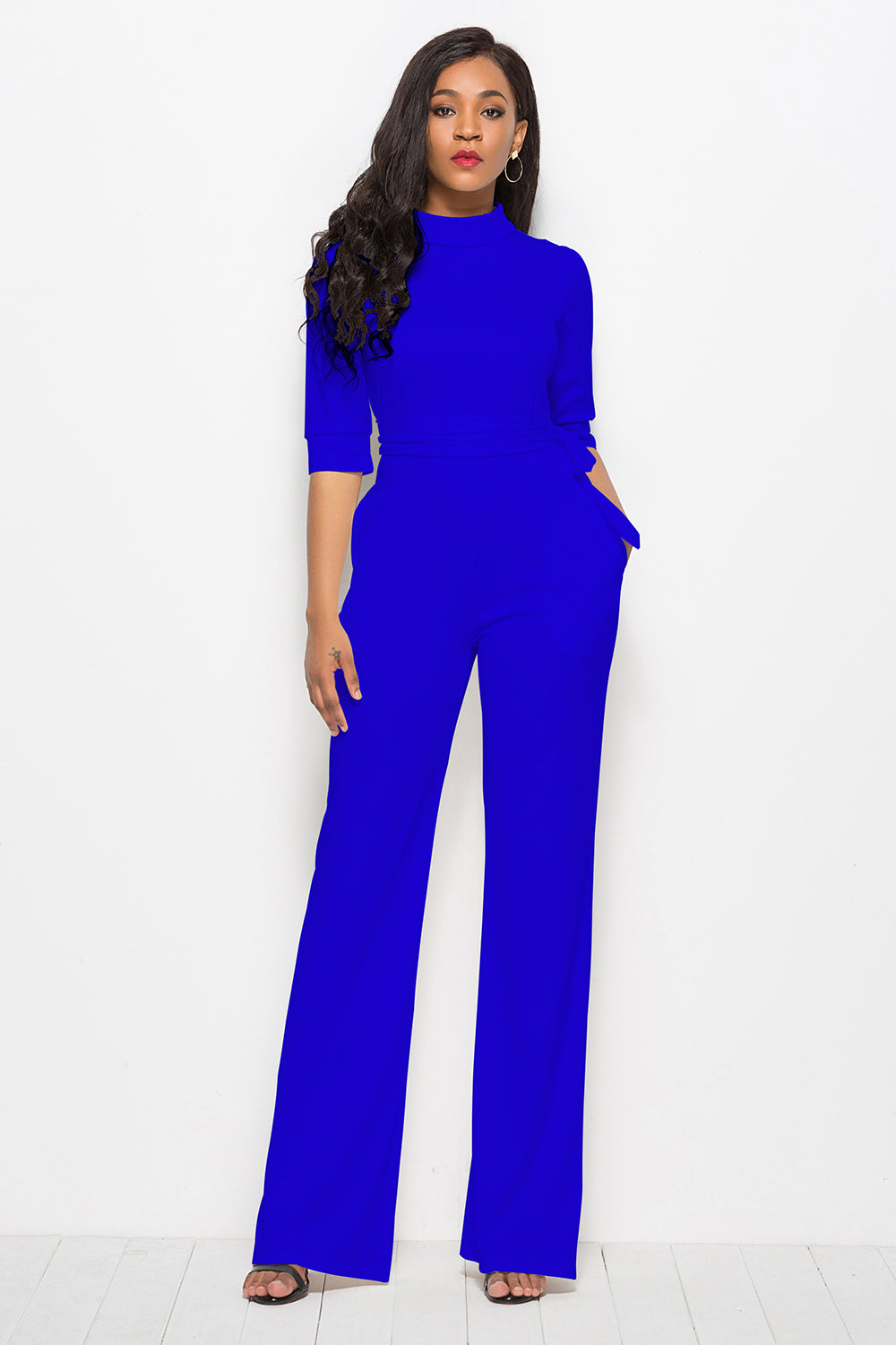 Driven Mock Neck Tie-Waist Half Sleeve Jumpsuit with Pockets