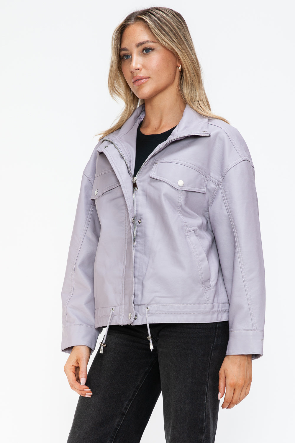 How Dare U My Favorite Layer Drawstring Hem PU Leather Zip Up Jacket in Lilac