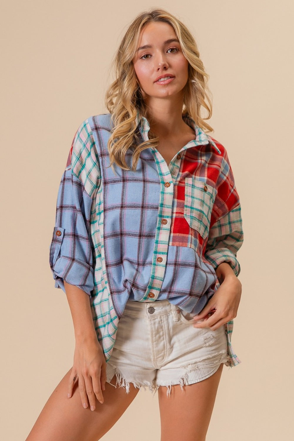 BiBi By The River Color Block Plaid Button Down Shirt