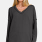 Zenana All About Details Texture Exposed Seam V-Neck Long Sleeve T-Shirt in Black