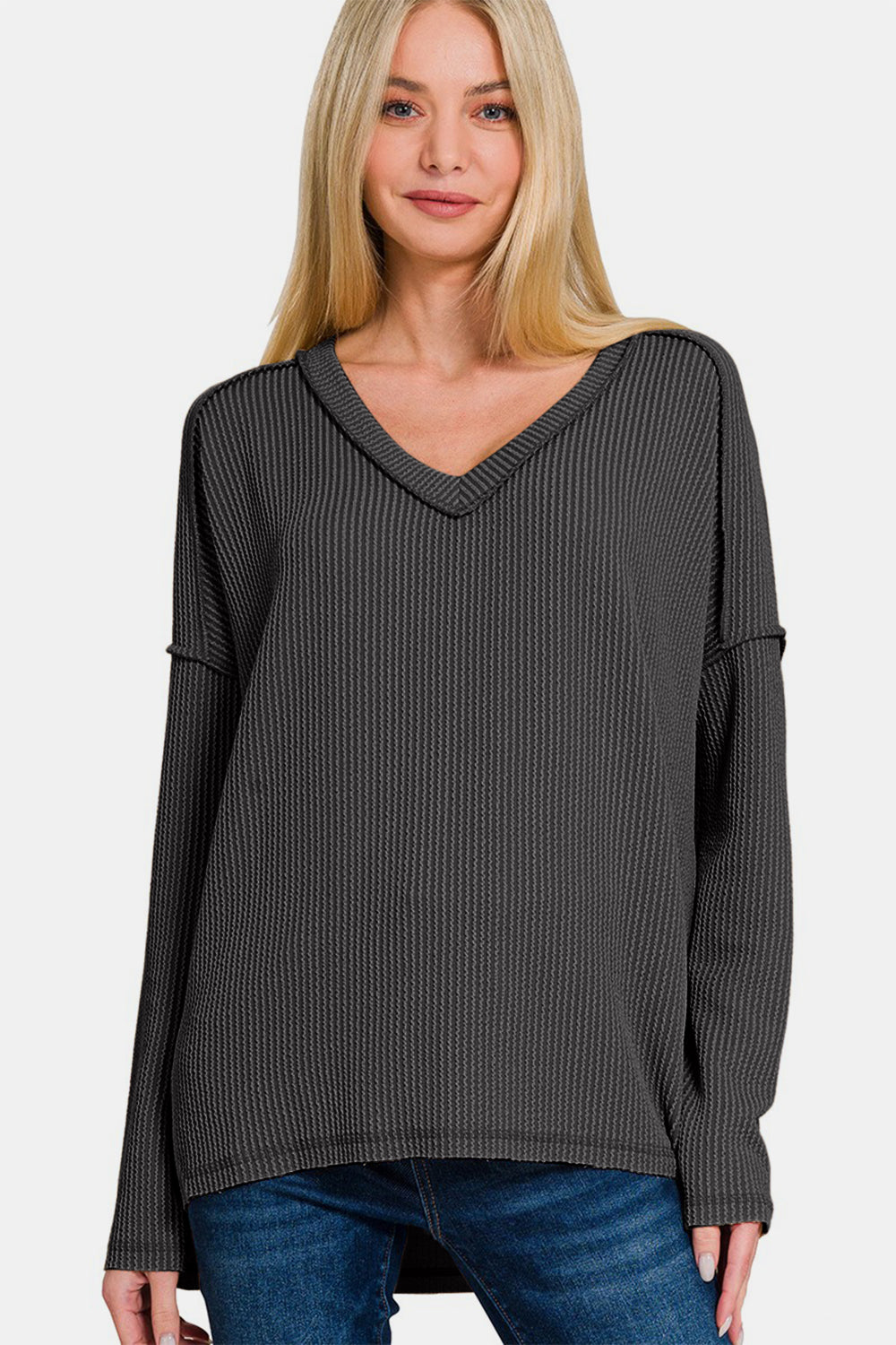 Zenana All About Details Texture Exposed Seam V-Neck Long Sleeve T-Shirt in Black