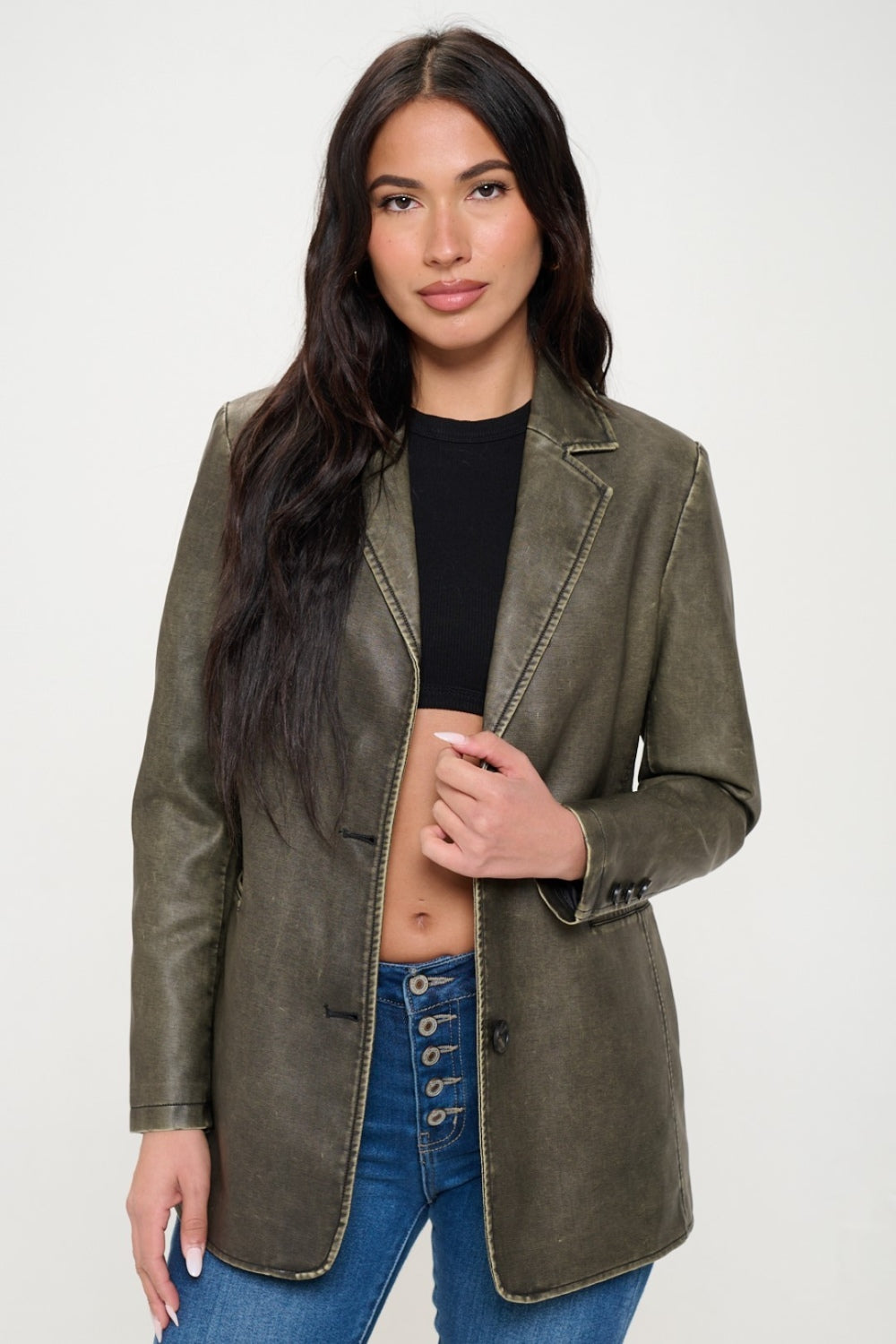 Coalition LA A Touch of Edge Single-Breasted Vegan Leather Blazer in Olive Brown