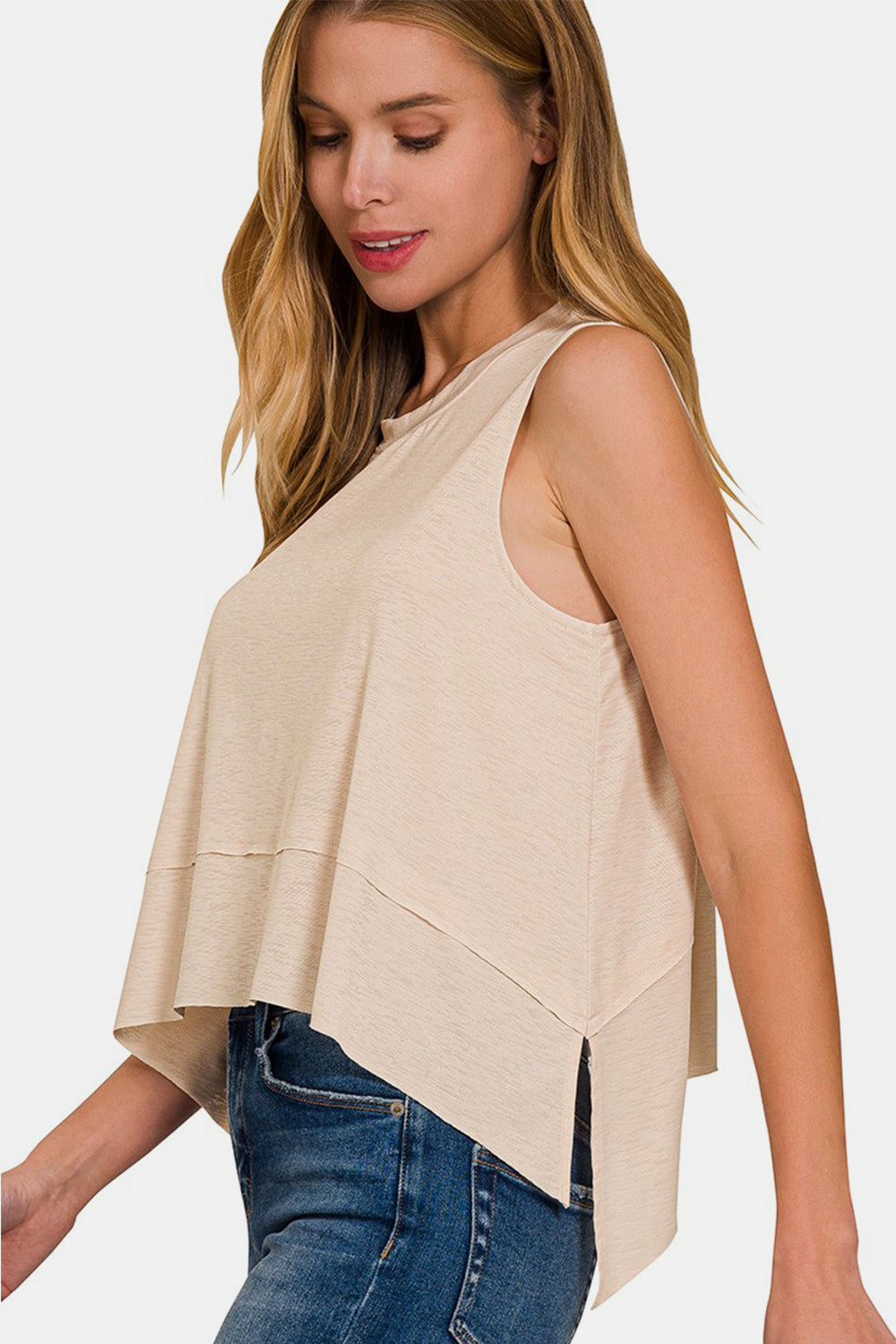 Zenana Another Day Exposed Seam Slit Tank in Sand Beige