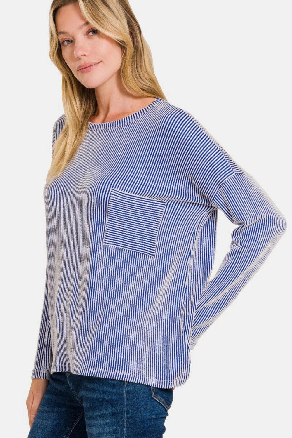 Zenana Lined Up Ribbed Striped Long Sleeve T-Shirt in Bright Blue