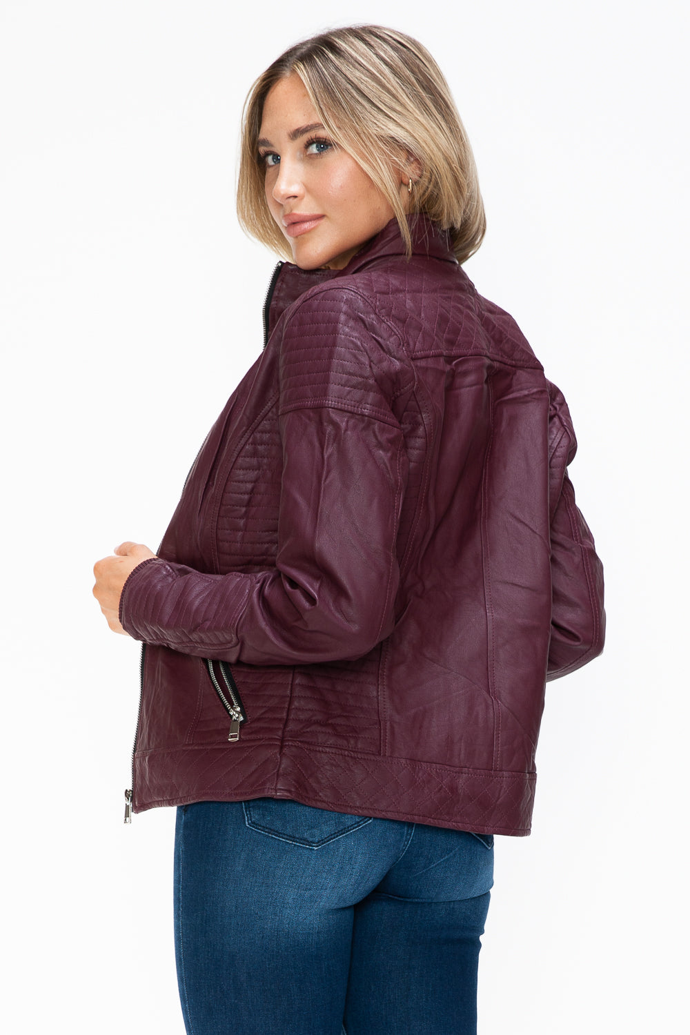 YMI Fuzzy Feels Faux Layered Double-Zipper Jacket with Fuzzy Hood in Wine