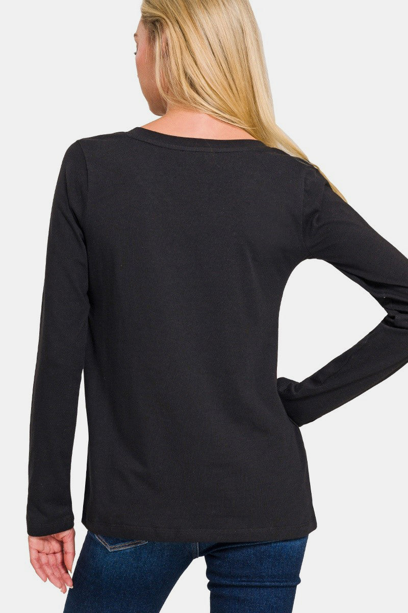 Zenana Make Your Mark V-Neck Long Sleeve T-Shirt in Black