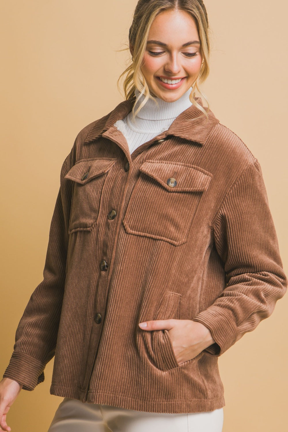 Love Tree Fall In Love Corduroy Button Up Jacket with Sherpa Inside in Cocoa