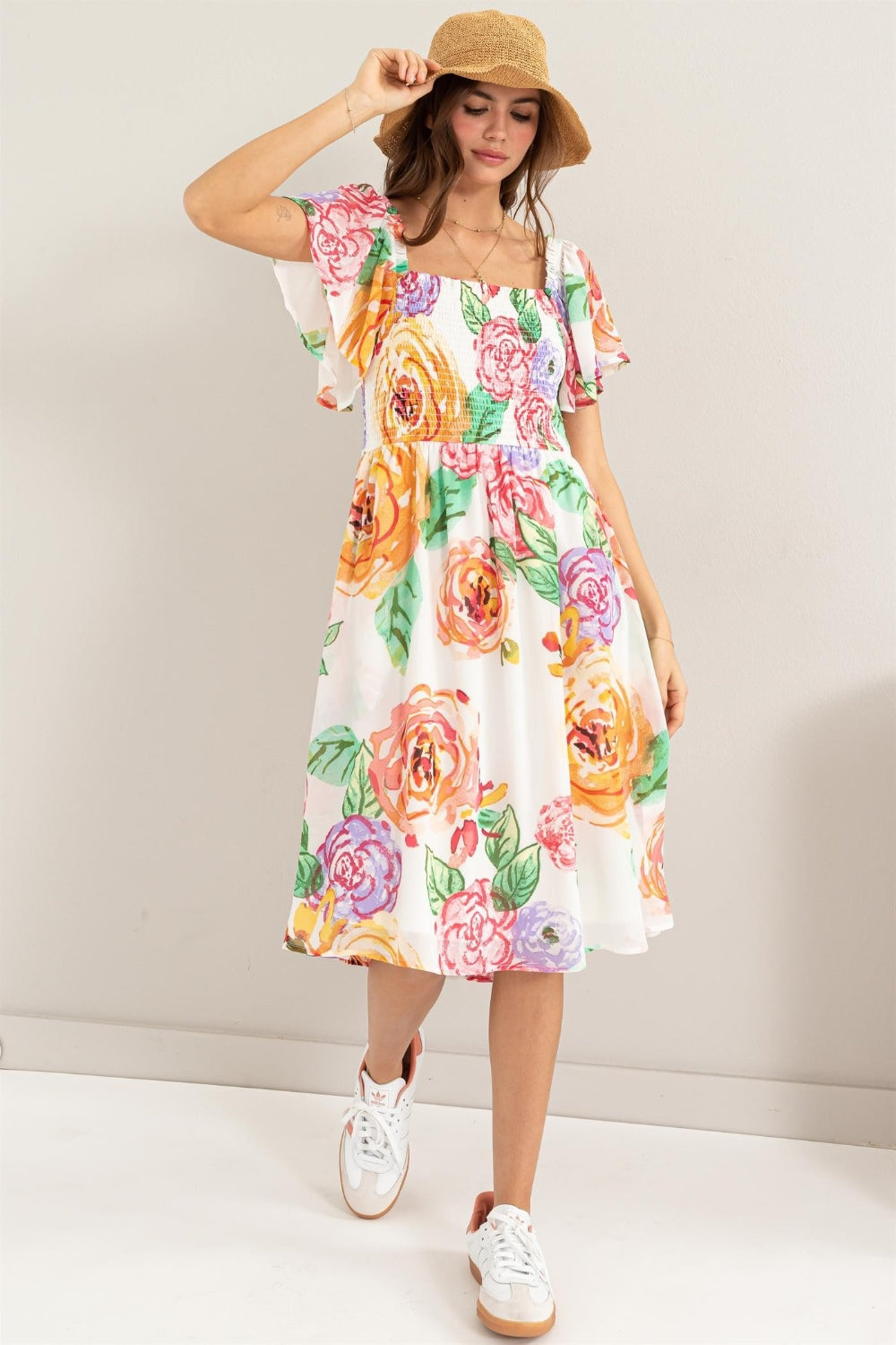 HYFVE Rosé All Day Floral Flutter Sleeve Smocked Dress