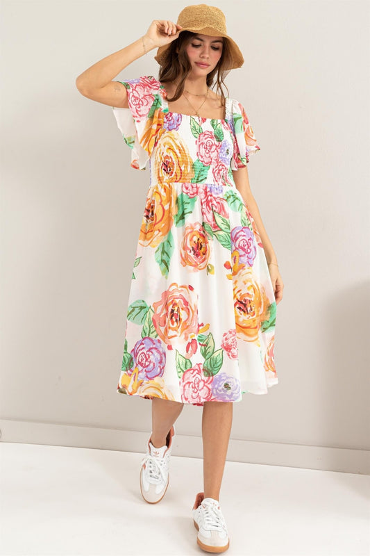 HYFVE Rosé All Day Floral Flutter Sleeve Smocked Dress