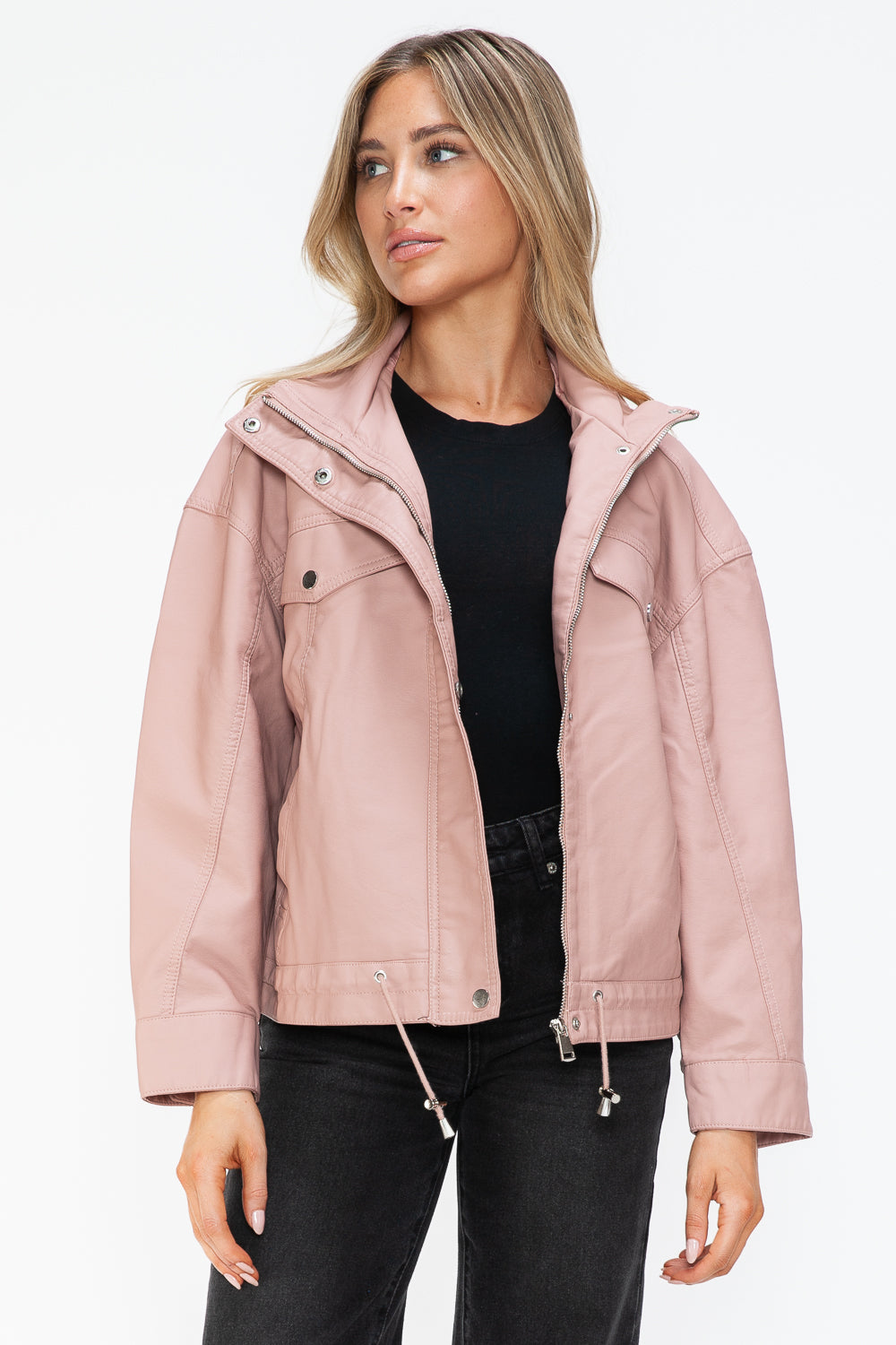 How Dare U My Favorite Layer Drawstring Hem PU Leather Zip Up Jacket in Mauve